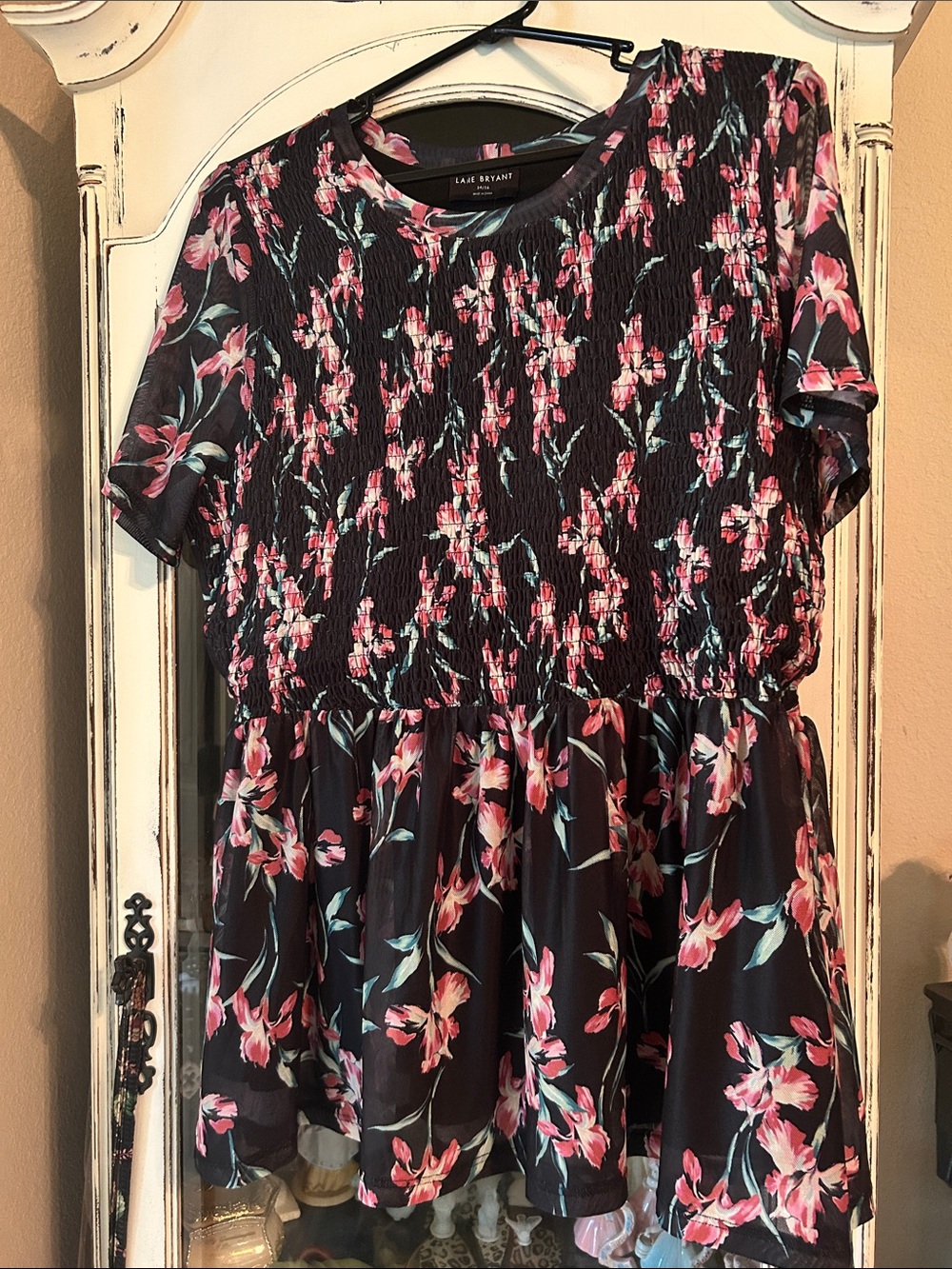 Lane Bryant Black Floral Smocked Peplum Blouse with Pink Blossoms